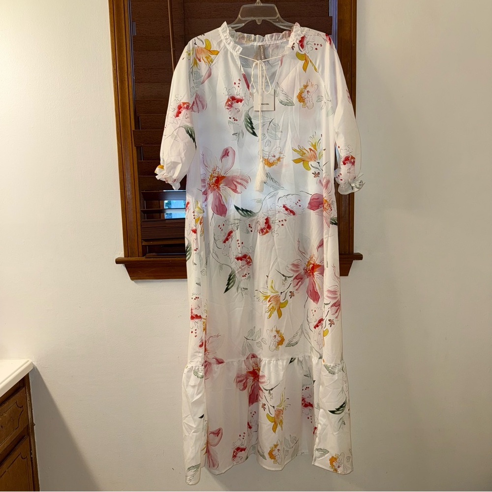 NWT Noracora White Floral Midi Half-Sleeve V-Neck Polyester Dress w/ Tassel XL - Picture 2 of 9